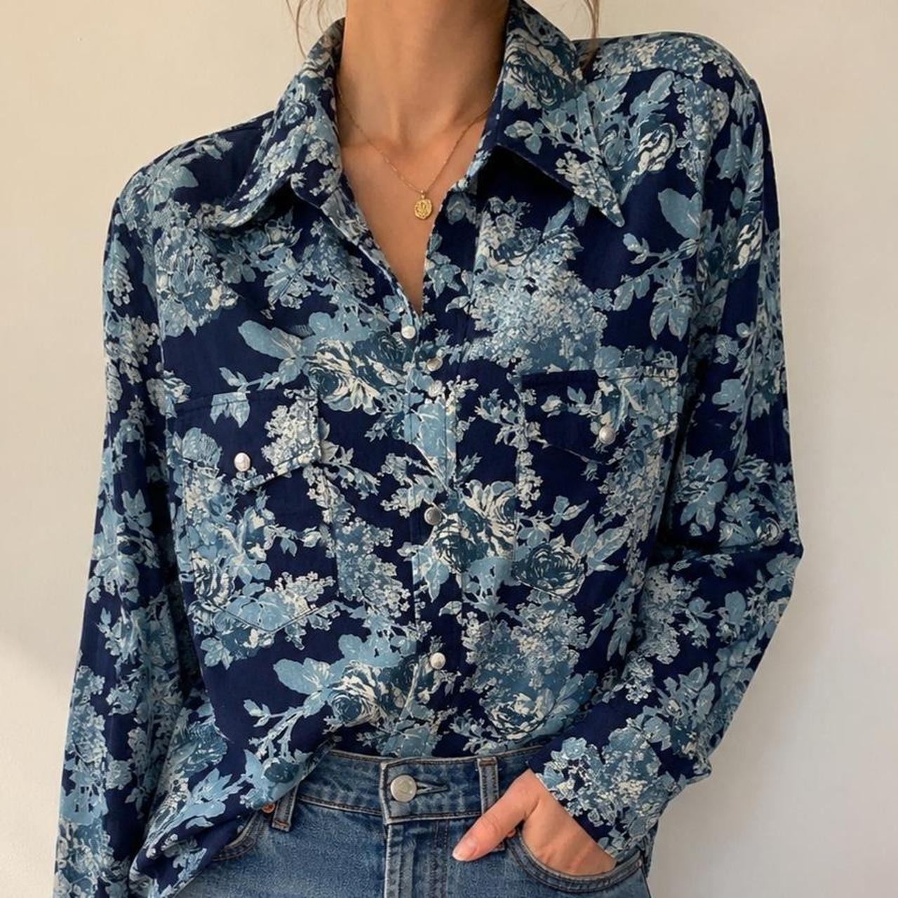Vintage 70s Frank Enstein Floral Pearl Snap Western Shirt Blue Large
